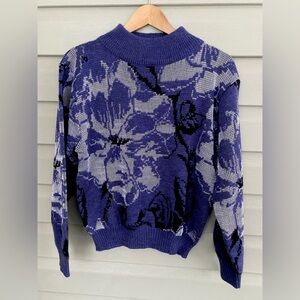 VICTORIA JONES purple floral artsy sweater mock neck chic glam sz L MINT vintage